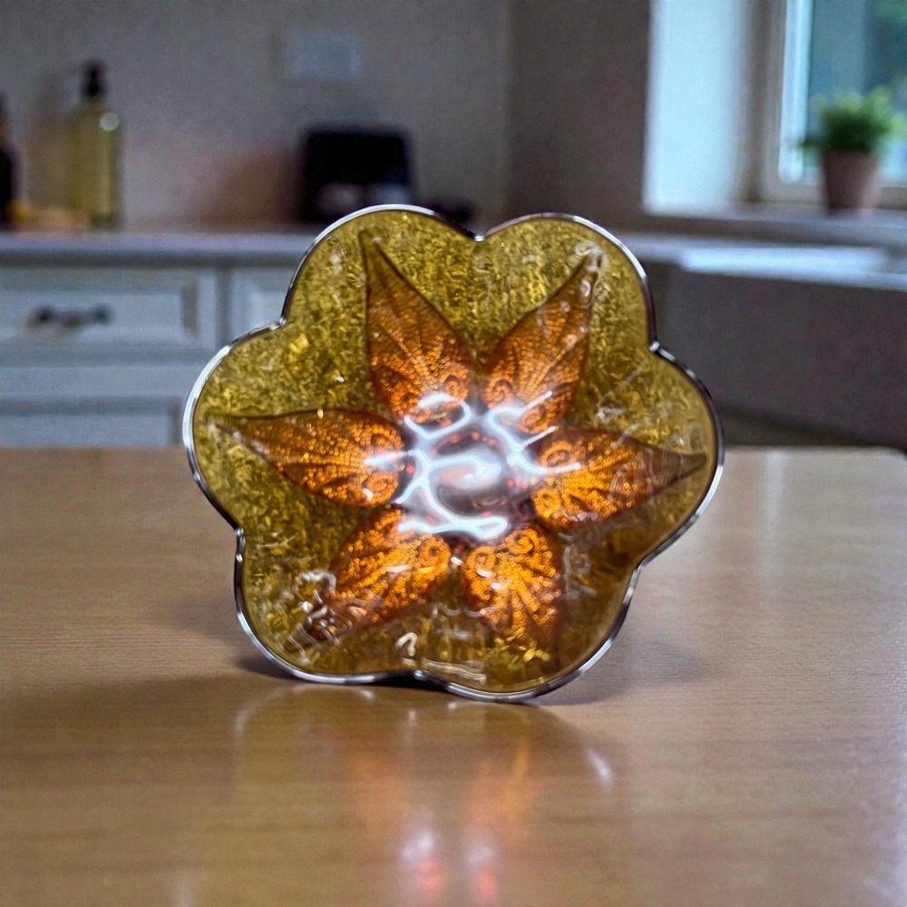 Vintage Indiana Tiara Amber Glass Flower Trinket Dish Candy Bowl Accent Bowl